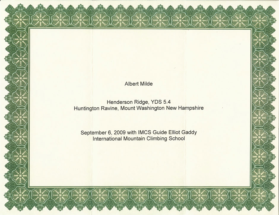 Urkunde IMCS, Mt. Washinton, Henderson Ridge, YDS 5.4