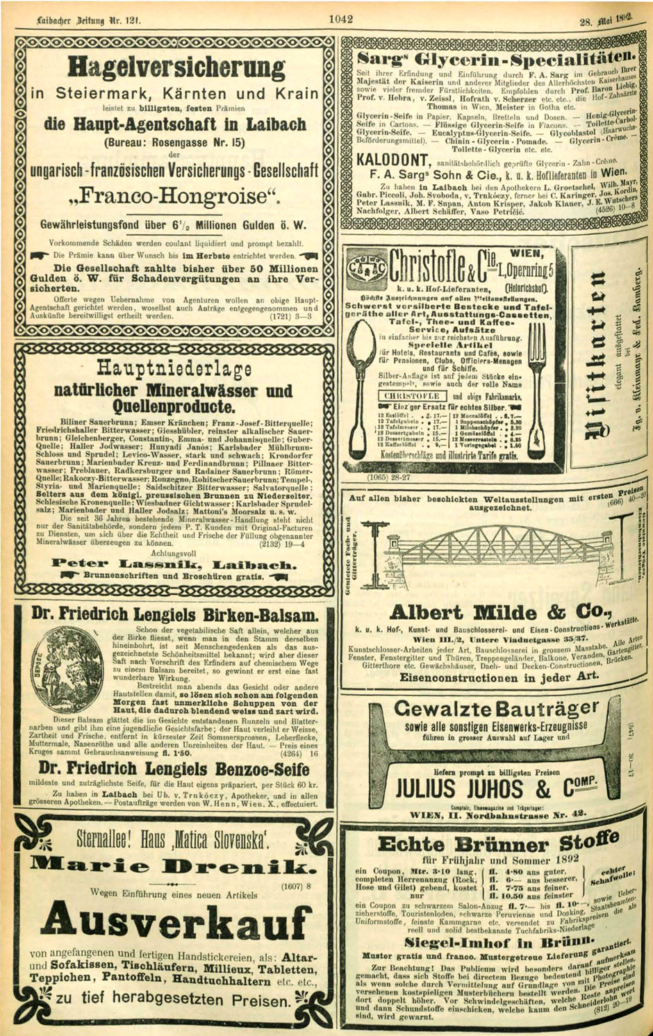 Anzeige im Amtsblatt zur Laibacher Zeitung am 28.5.1892