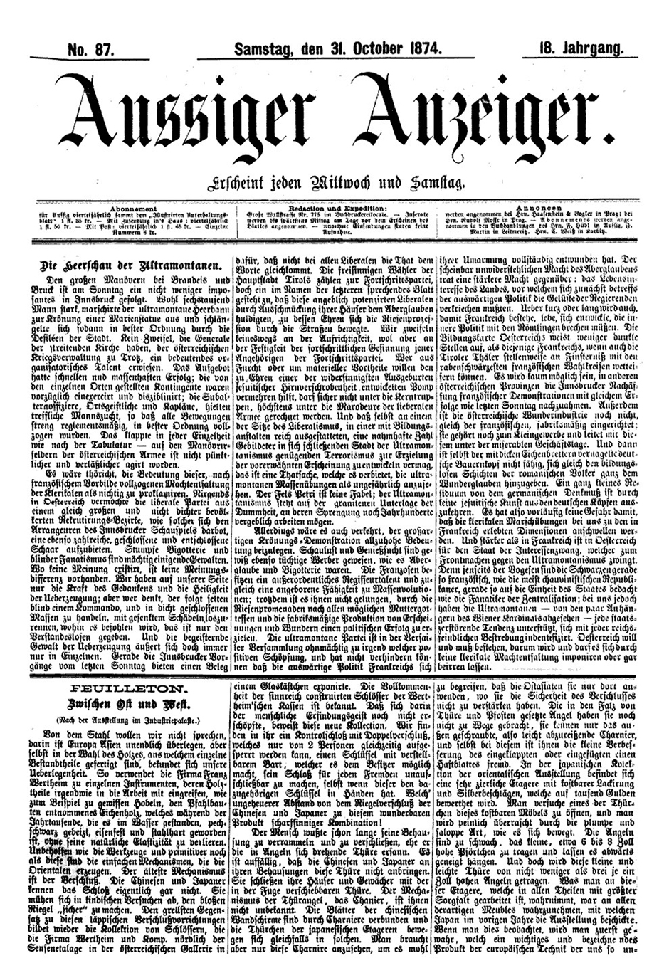 Aussiger Anzeiger, Samstag den 31. Oktober 1874, Titelseite