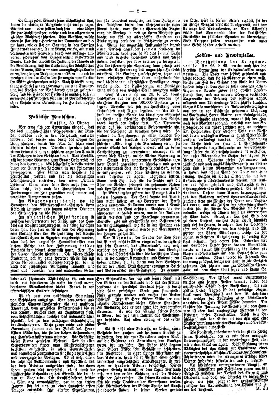 Aussiger Anzeiger, Samstag den 31. Oktober 1874, Seite 2