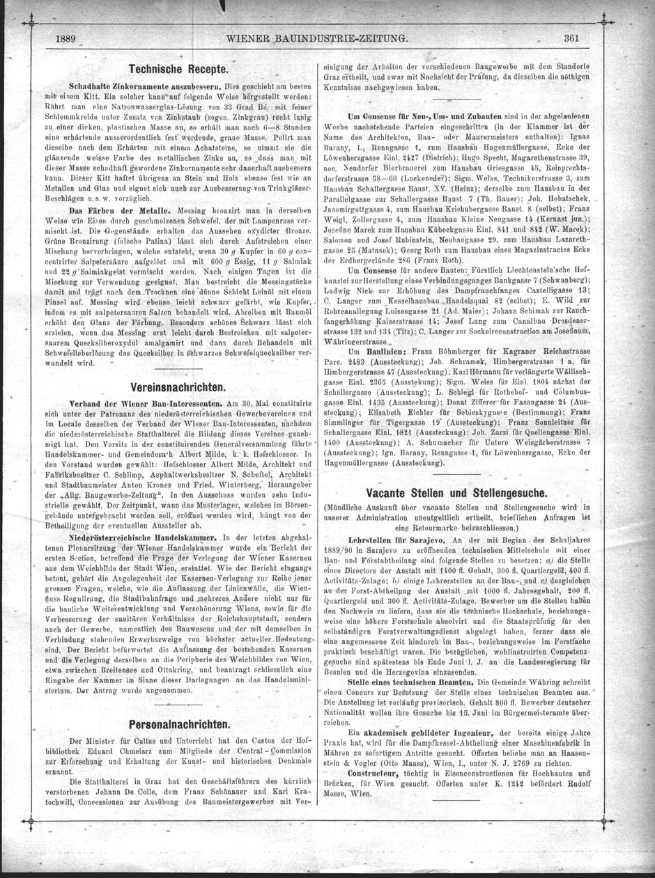 Wiener Bauindustrie-Zeitung 1888-89; Seite 361