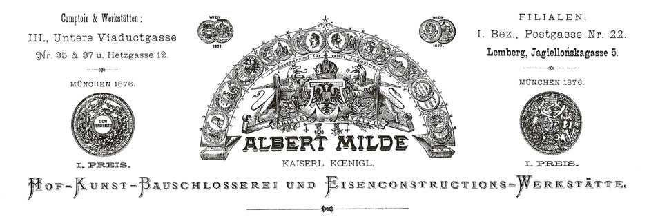 Original letter head of Imperial and Royal Court, Artistic Wrought Iron Smith and Construction Fitter and Iron Dessign Enegineer ALBERT MILDE, 1877