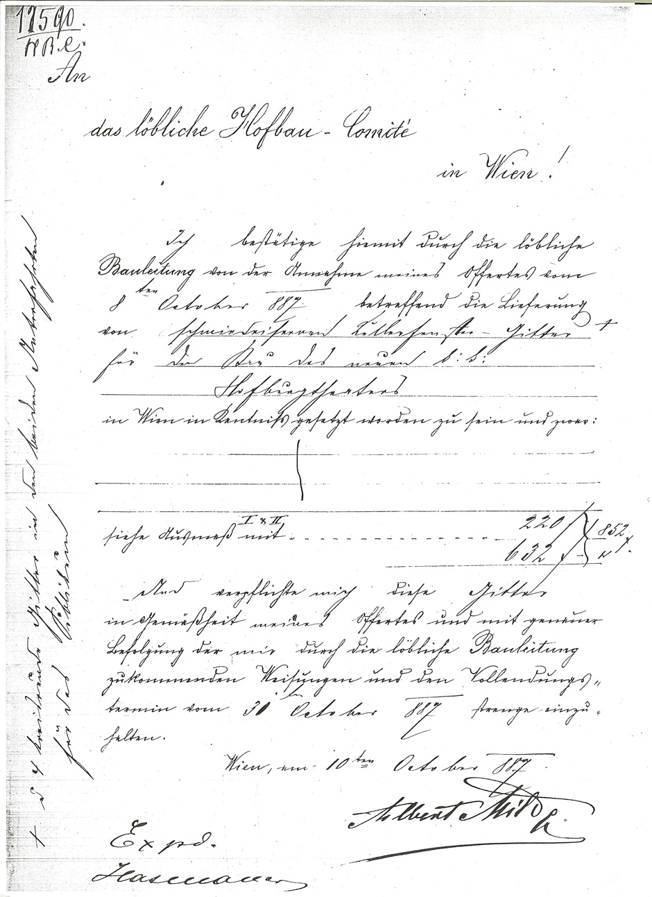 Lieferung von Kellerfenstergitter für das Hofburgtheater durch Albert Milde (Annahmebestätigung), Blatt 1