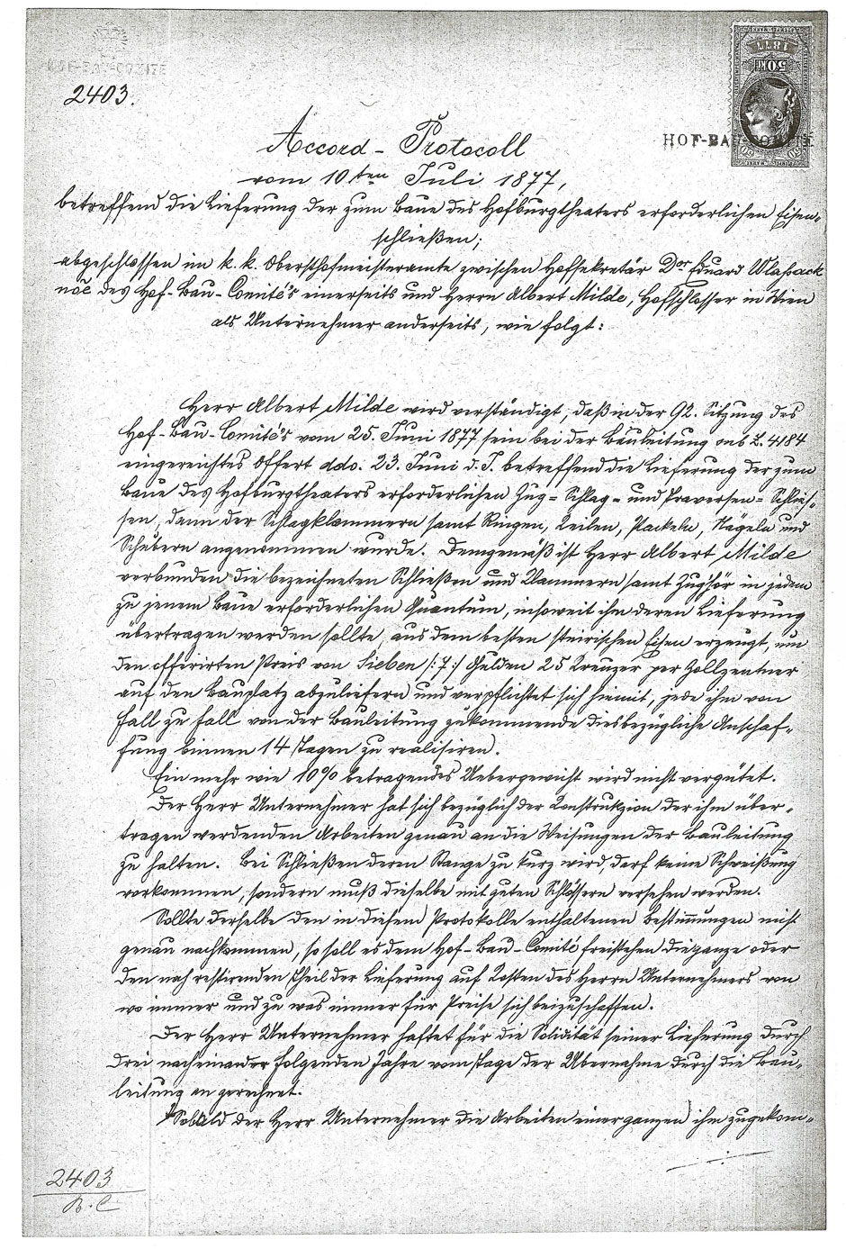 Accord-Protokoll über erforderliche Eisenschließen für das Hofburgtheater, Seite 1