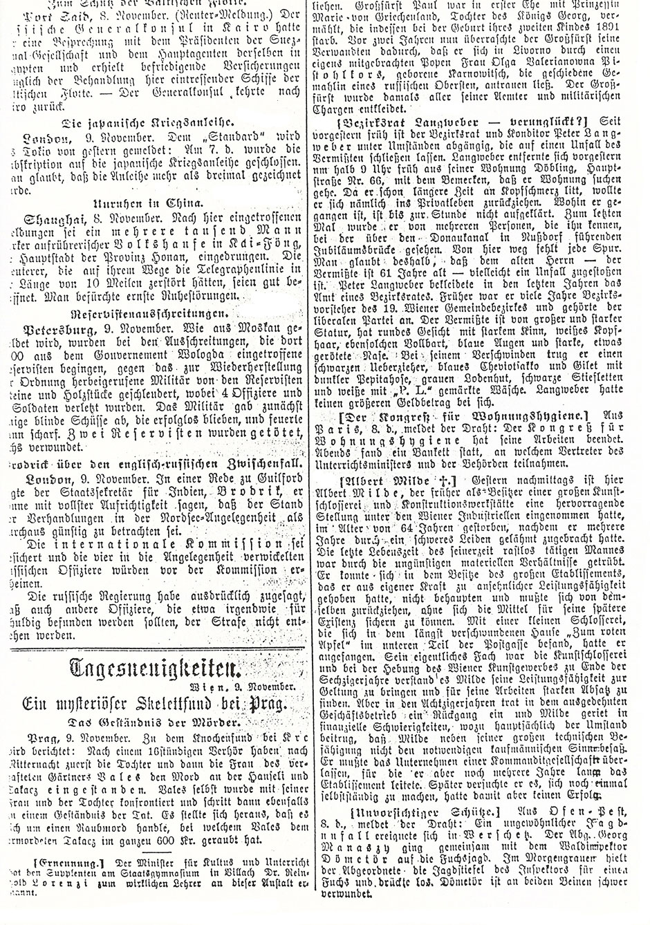 Deutsche Zeitung, Christlichsoziales Organ, 9. November 1904; Folgeseite (siehe rechte Spalte)