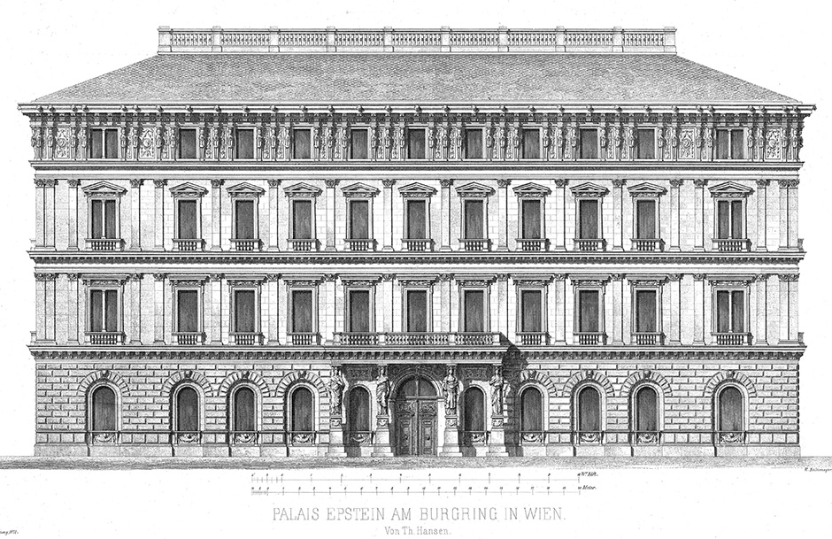Archivbild 1: Hauptfassade des Palais Epstein am Burgring in Wien; von k. k. Oberbaurates Theophil von Hansen