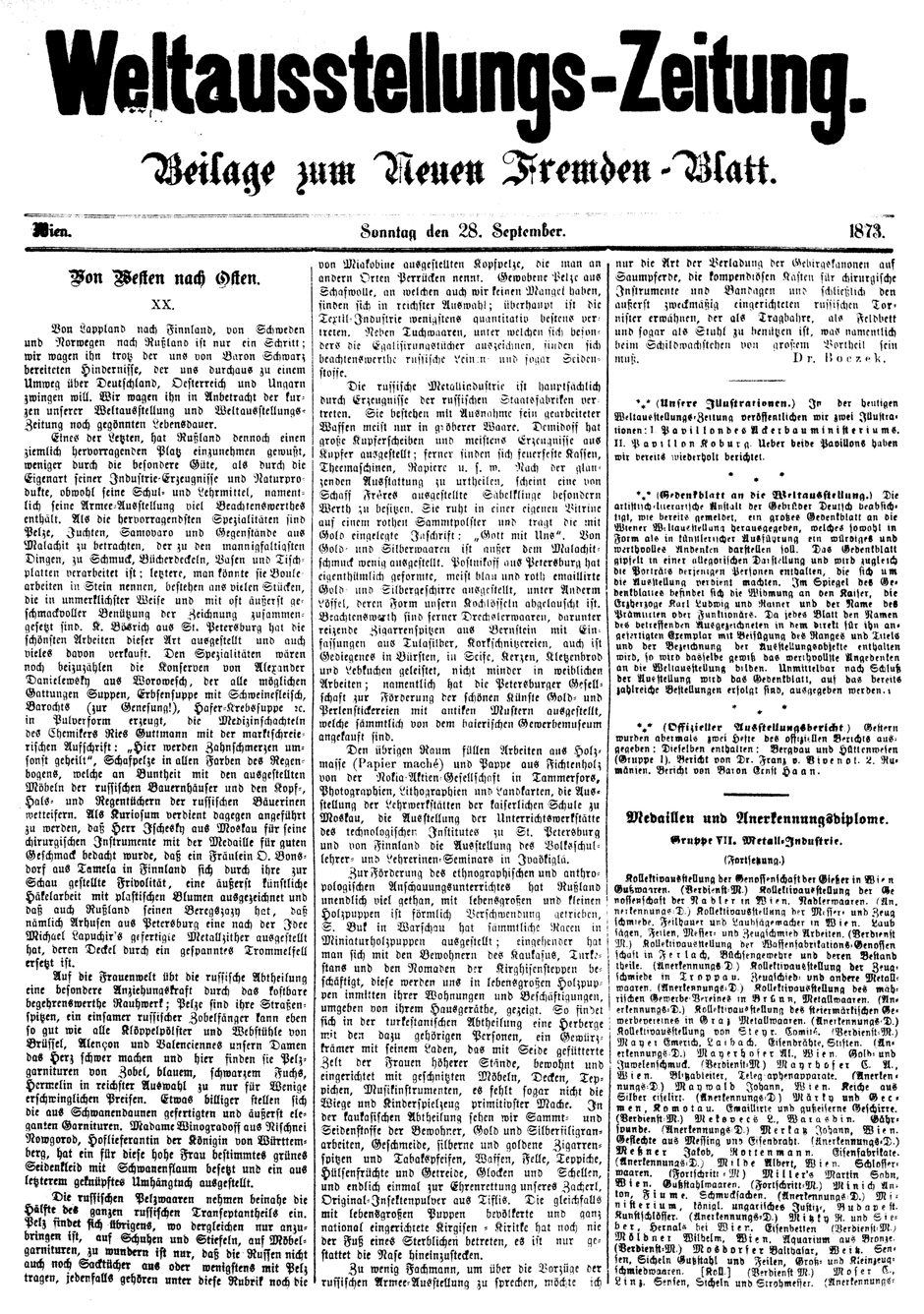 Archivbild: Neues Fremden-Blatt vom 28.9.1873, Beilage