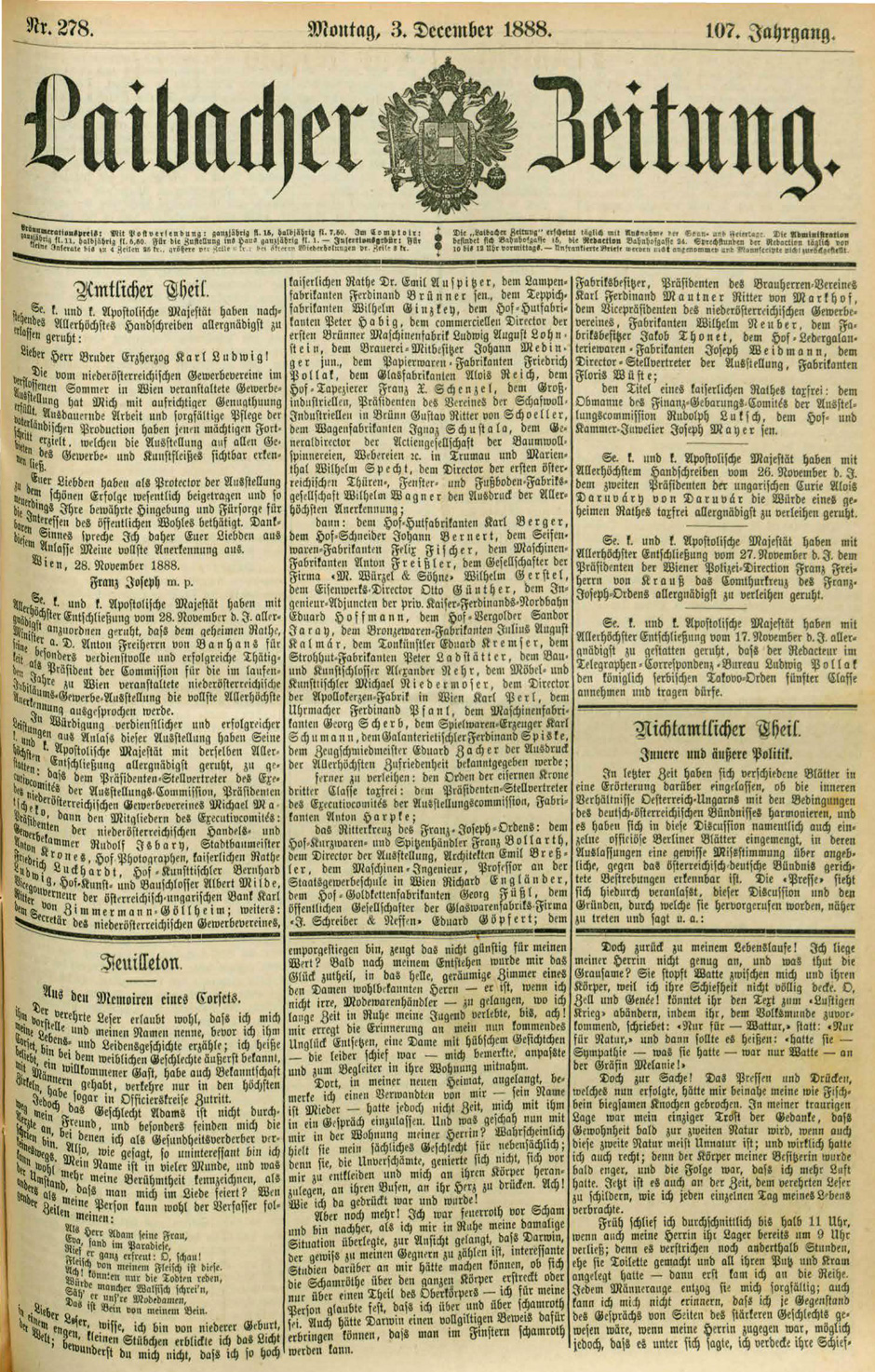 Archivbild: Laibacher Zeitung vom 3. Dezember 1888, Titelseite