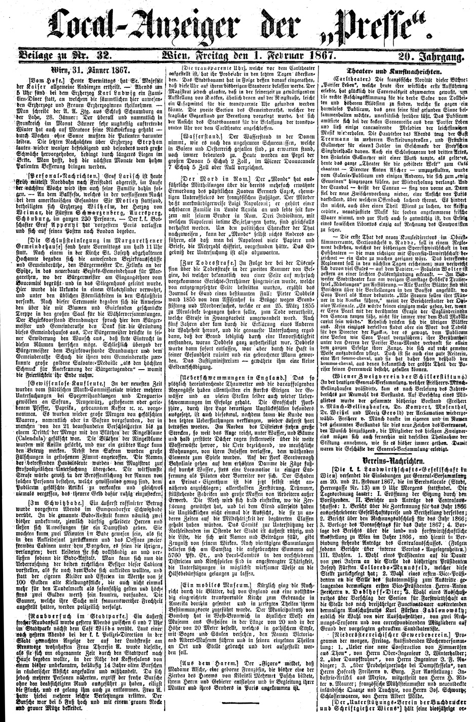 Archivbild: Die Presse, Wien, Freitag, den 1. Februar 1867; Seite 9