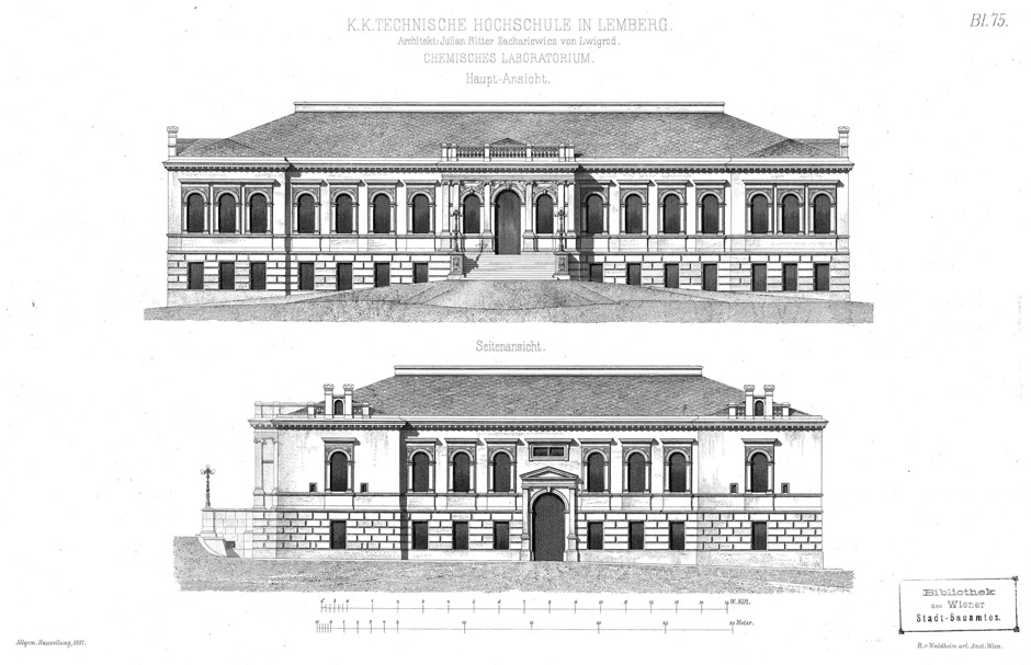 Archivbild 4: K. K. Technische Hochschule in Lemberg; Chemisches Laboratorium Haupt- und Seiten-Ansicht
