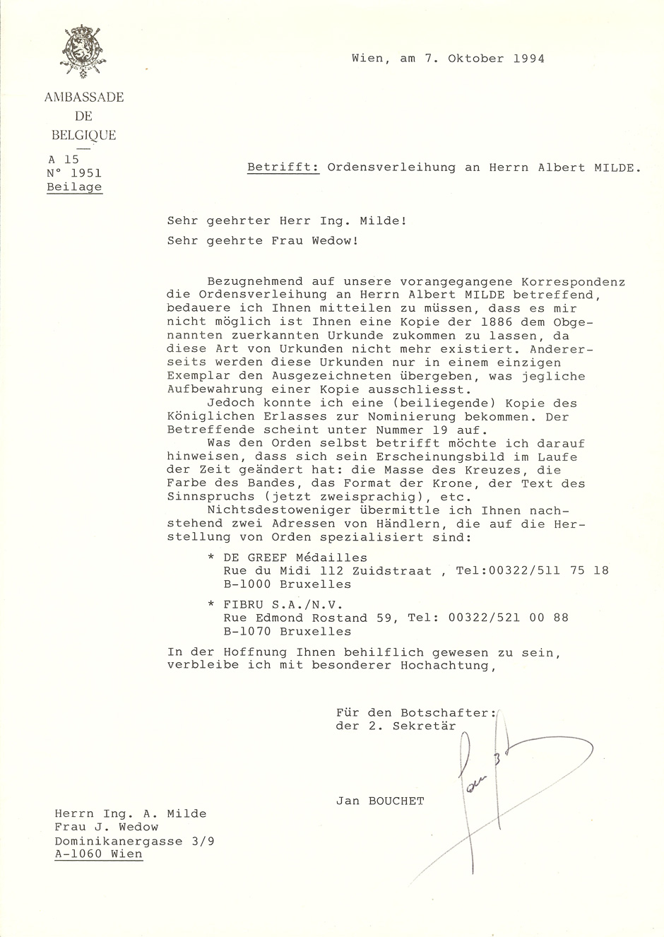 Brief Ambassade de Belgigue 7.10.1994