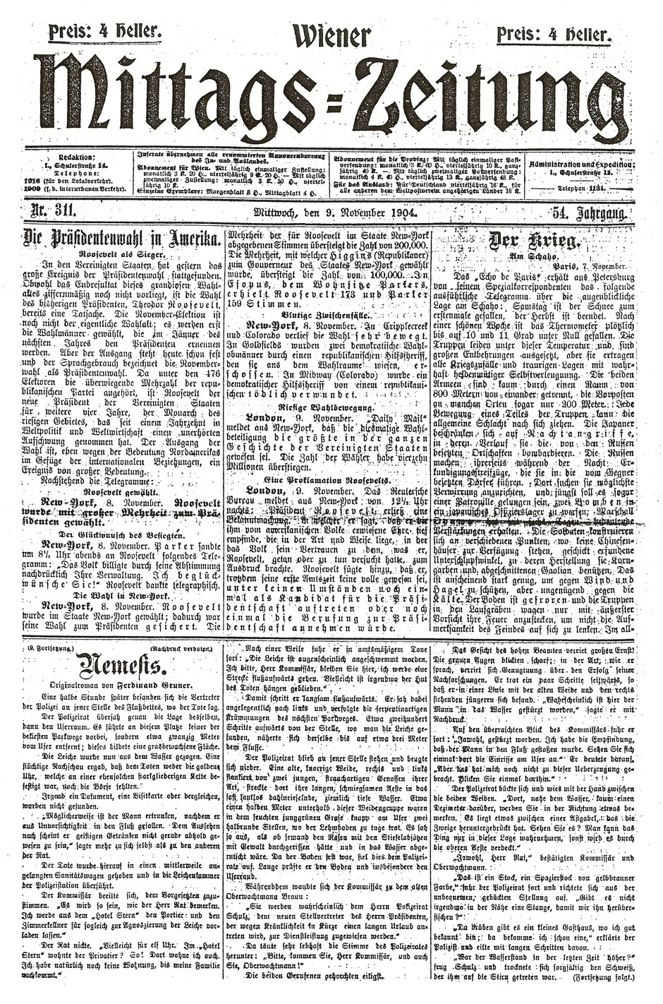 Wiener Mittags-Zeitung, 9.11.1904; Seite 1