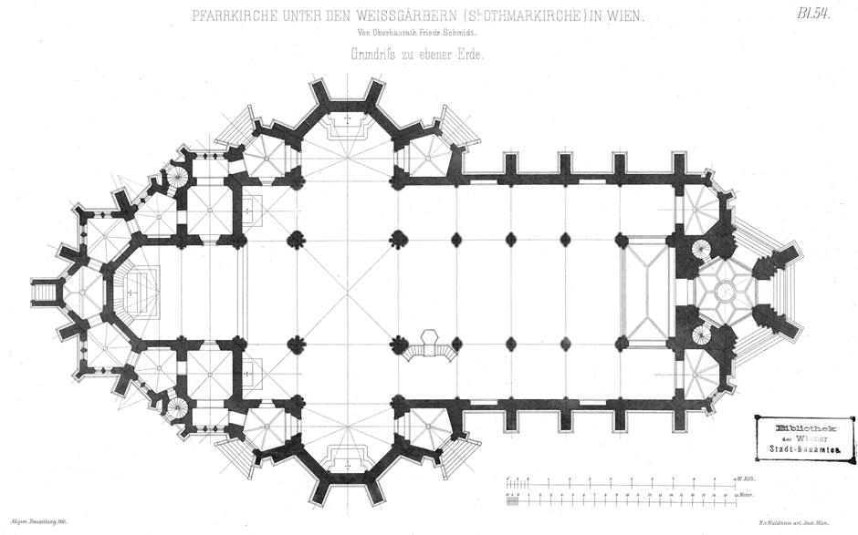 Archivbild: Pfarrkirche unter den Weissgärbern St. Othmar in Wien - von Oberbaurat Friedrich Schmidt; Grundriss zu ebener Erde