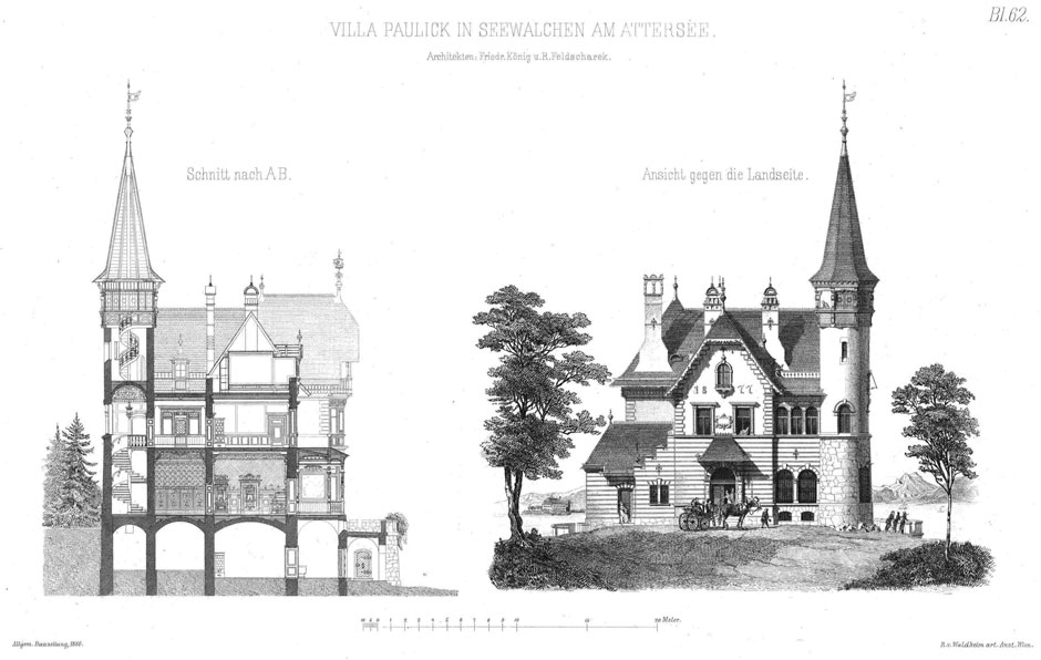 Archivbild: Querschnitt und Ansicht der Villa Paulick in Seewalchen