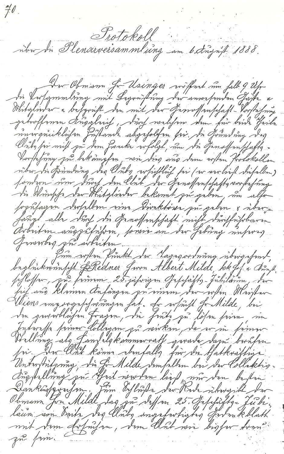 Archivbild: Protokoll über die Plenarversammlung am 6.8.1888 Seite 1