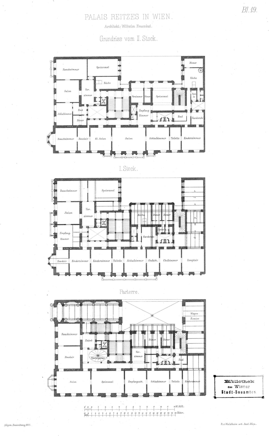 Archivbild: Palais Reitzes, Architekt Wilhelm Fraenkl; Grundrisse Parterre, 1. und 2. Stock