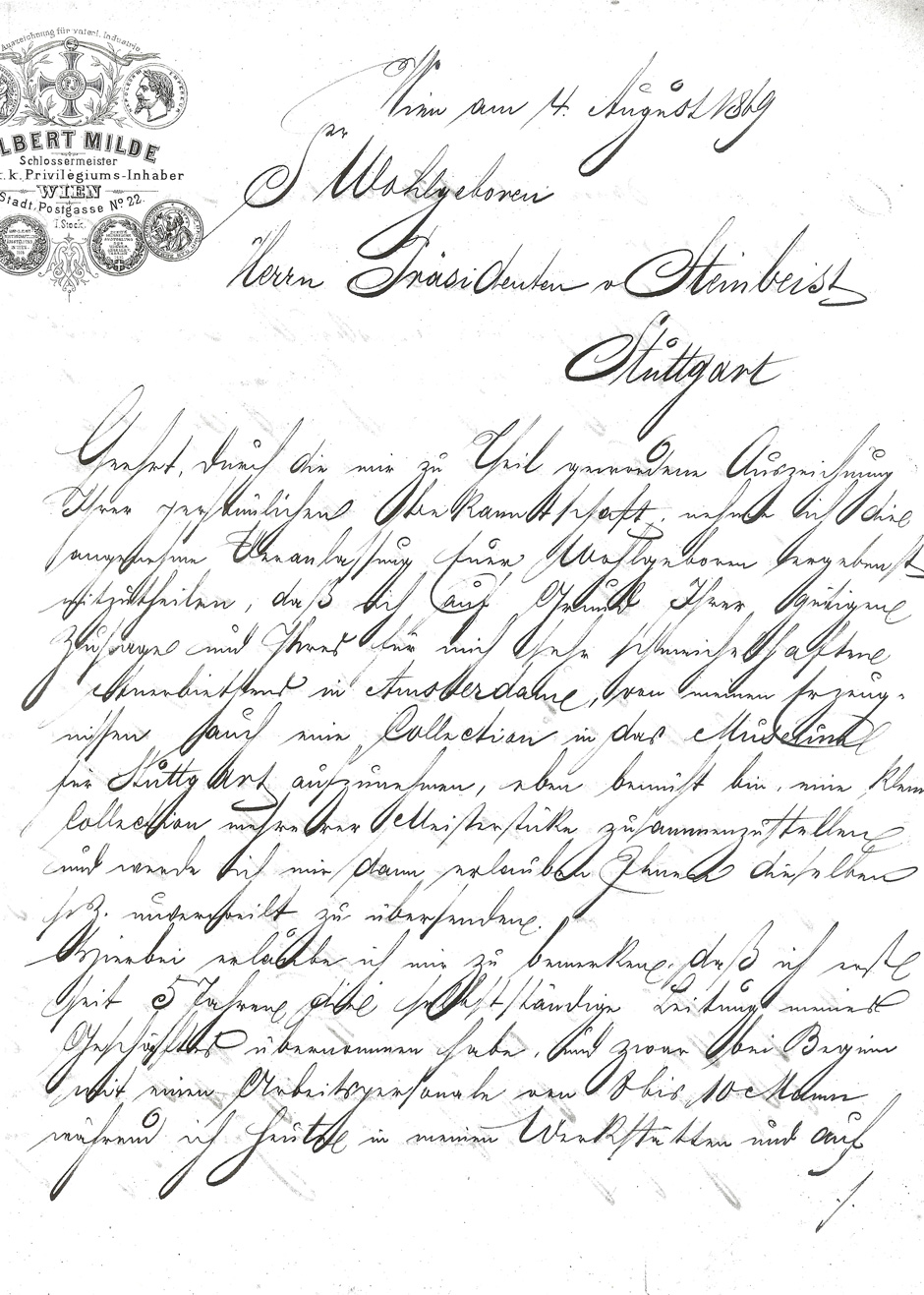 Archivbild: Brief an den Präsidenten der damaligen Zentralstelle für Gewerbe und Handel in Stuttgart Seite 1