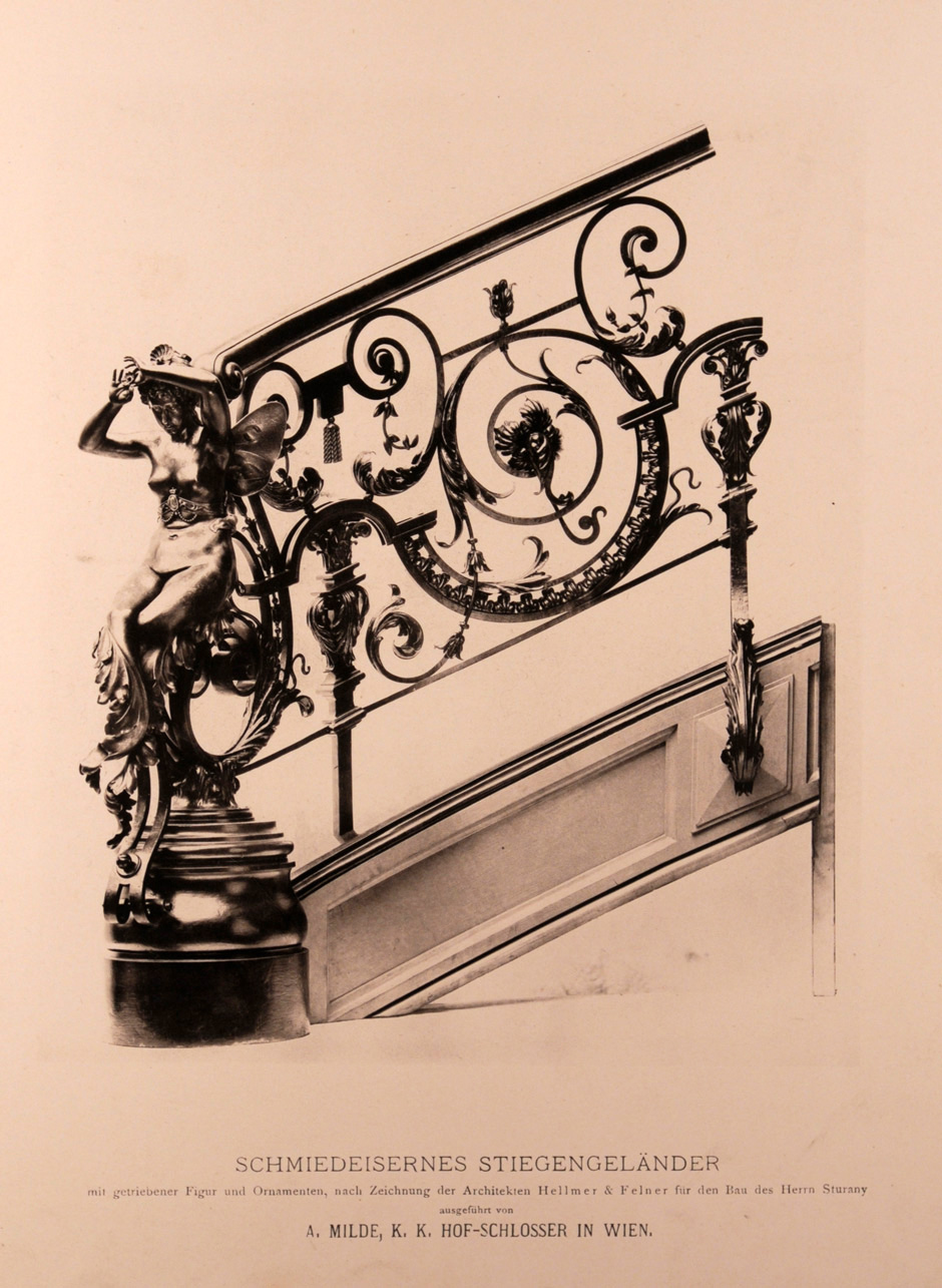 Archivbild: Palais Sturany, schmiedeeisernes Stiegengeländer mit getriebener Figur und Ornamenten