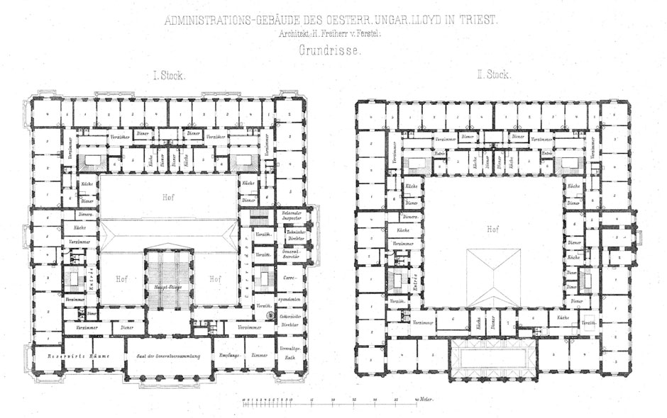 Archivbild: Administrationsgebäude des Österr.-ungar. Lloyd in Triest, Grundrisse I. Stock und II. Stock
